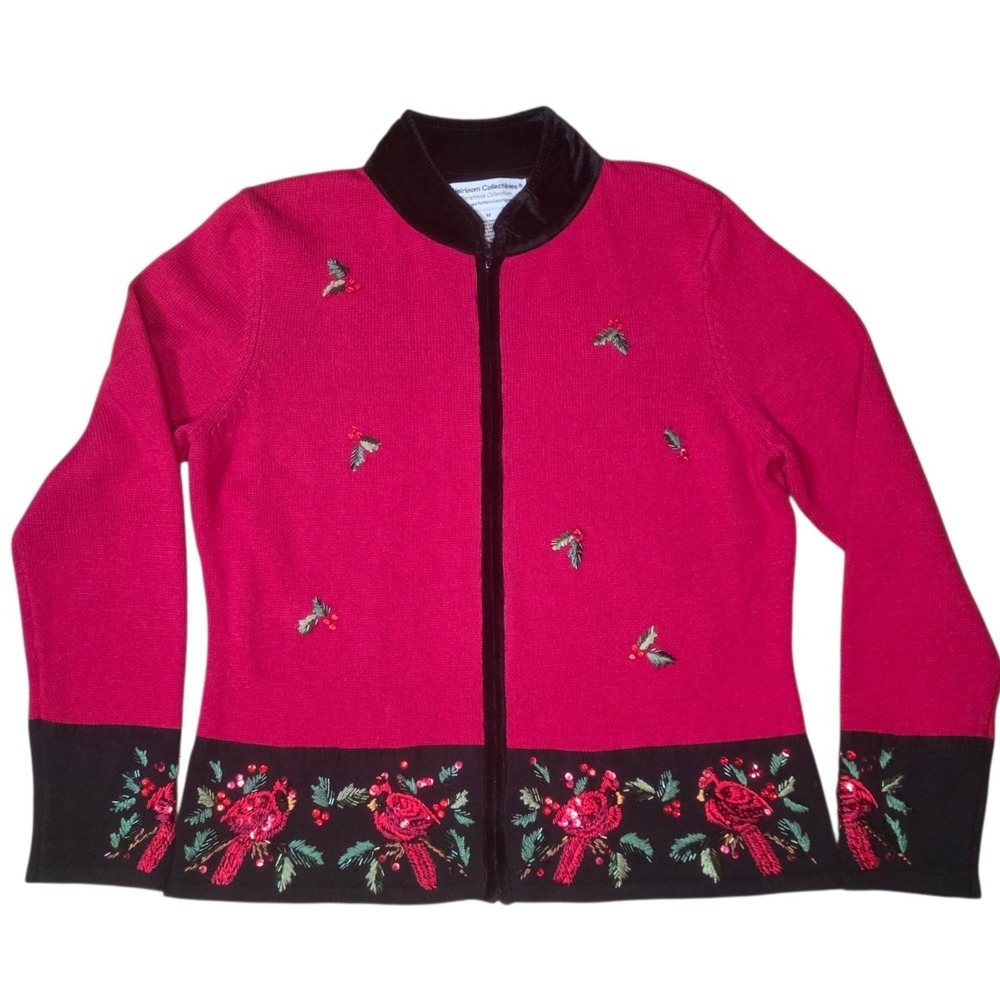Vintage Womens M Beaded Sequin Cardinal Christmas Holiday Zip Cardigan